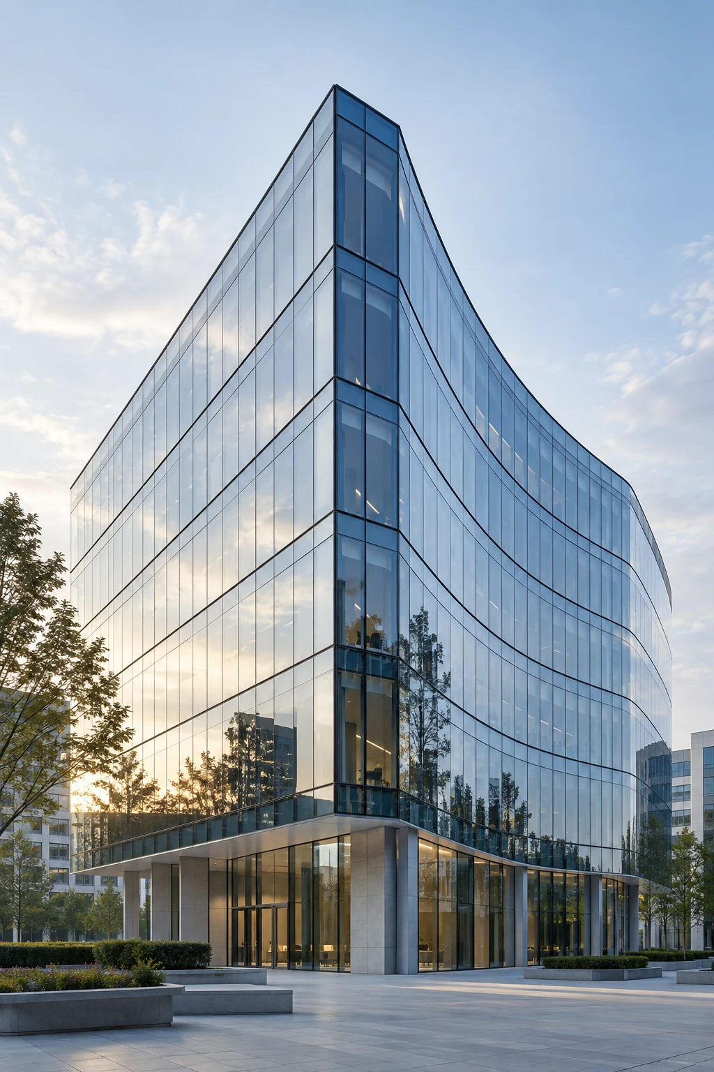 Architettura corporate: un palazzo contemporaneo di vetro, immagine generata con intelligenza artificiale